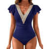 Women's solid colored flying sleeve one-piece swimsuit, simple and sexy fashionable swimsuit, bikini