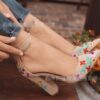 Womens Pumps Shoes Dorsay Ankle Strap Block High Heels Embroidery Flowers