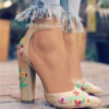 Womens Pumps Shoes Dorsay Ankle Strap Block High Heels Embroidery Flowers