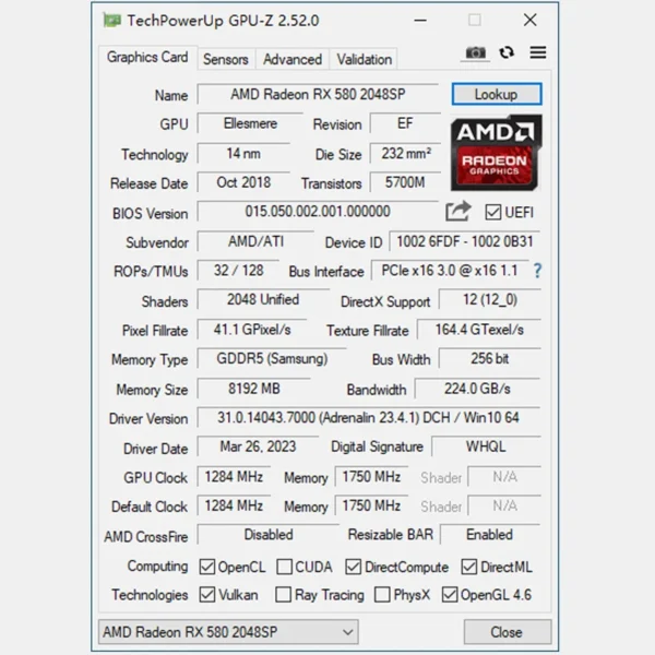 2025 Video MLLSE AMD Radeon RX 580 8GB 2048SP Graphics Card GDDR5 256-bit PCI Express 3.0 ×16 Gaming