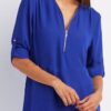 Zip V-neck Shirts Women Short Sleeve Loose Tops