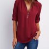 Zip V-neck Shirts Women Short Sleeve Loose Tops