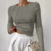 Slim Long Sleeve T-shirt Fashion Solid Color Split Thread Knitted Top Womens Clothing