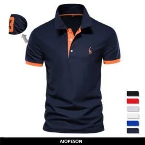 AIOPESON Men's Embroidered Cotton Polo Shirt: Slim Fit Solid Color Casual Polo for Summer Fashion