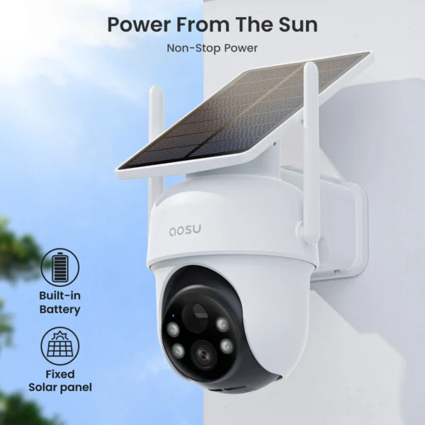 AOSU 3MP Solar Camera System 2 Cam Kit Wireless Cam System Surveillance Wifi PTZ Camera Set with Home Base Support Alex