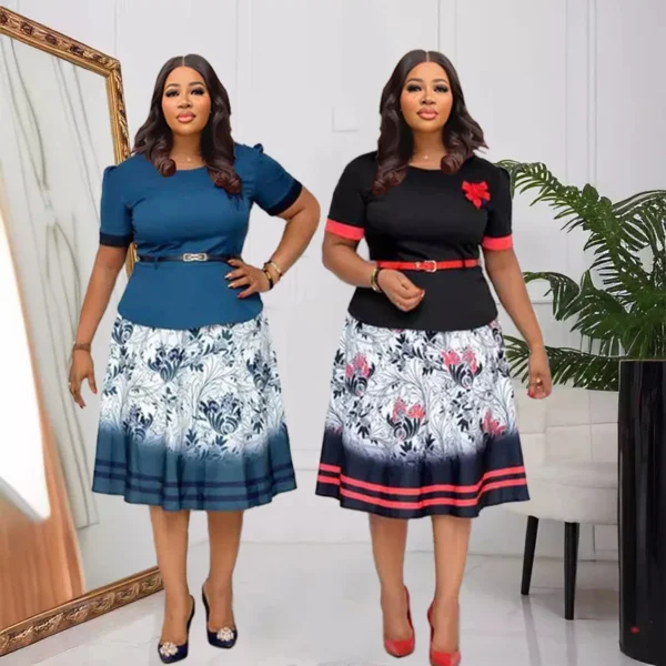 526528784 Aliexpress's popular African women's plus-size round-neck long-sleeved commuter print pleat dress with belt