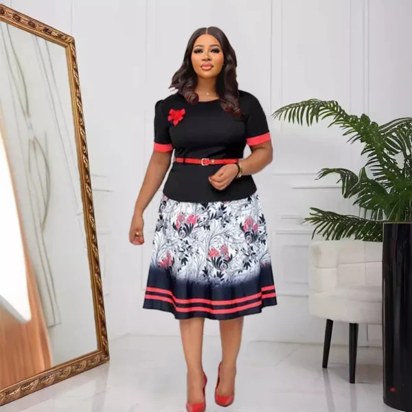 526528786 Aliexpress's popular African women's plus-size round-neck long-sleeved commuter print pleat dress with belt