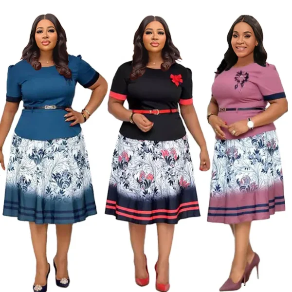 526528787 Aliexpress's popular African women's plus-size round-neck long-sleeved commuter print pleat dress with belt