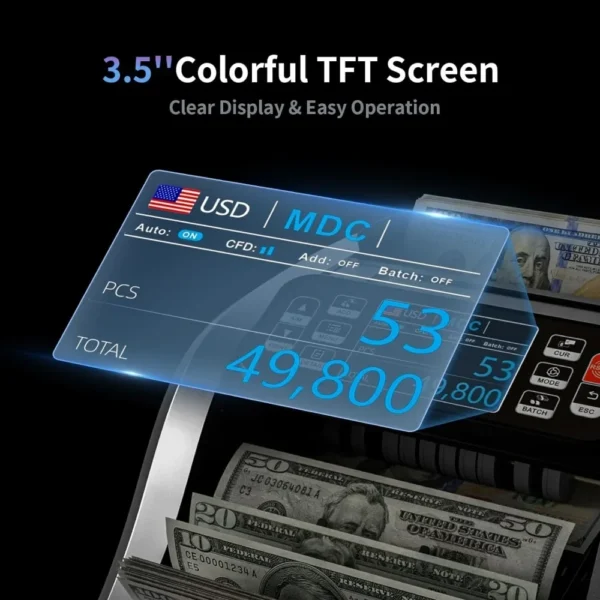 Mixed Denomination Money Counter Machine, Value Counting, UV/MG/IR/DD Counterfeit Detection, 3.5" TFT Display Cash Counting