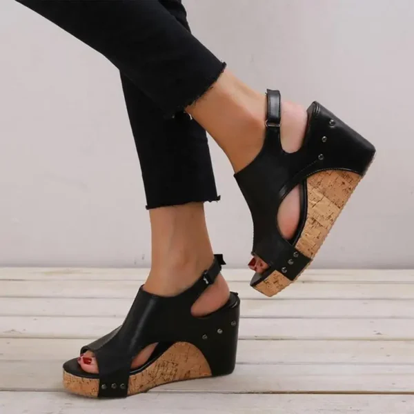 Rivet Wedge Sandals Rivet Boho PU Leather Open Toe Wedge Heel Sandals Wedge Sandals For Women Rubber Bottom Summer Sandals