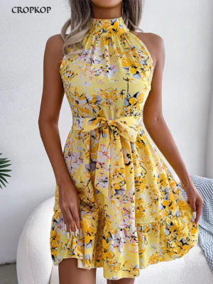 Summer Women Floral Printed Halter Sexy Short Dress, Woman Clothing,Dress Women,Women's Casual Beach Dresses,Sexy Costume Women