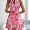 Summer Women Floral Printed Halter Sexy Short Dress, Woman Clothing,Dress Women,Women's Casual Beach Dresses,Sexy Costume Women