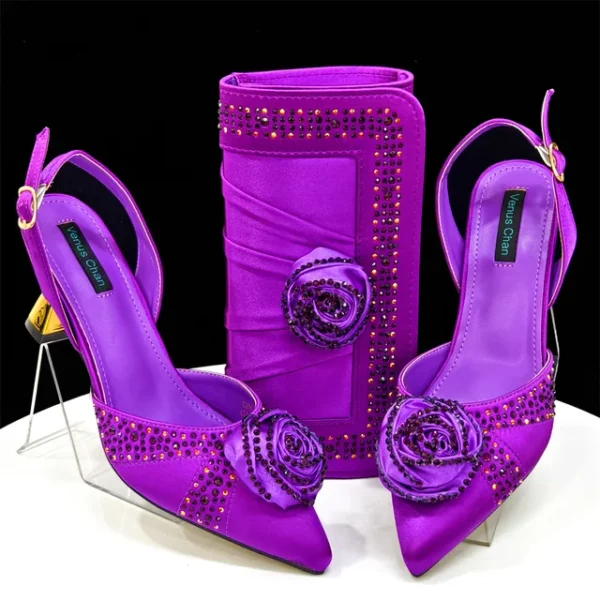 2025 Nigerian Fashion Ladies Evening Shoes And Bags Paired With Handmade Petal Clutches Pointed Toe Mid-Heel Women Party Shoes