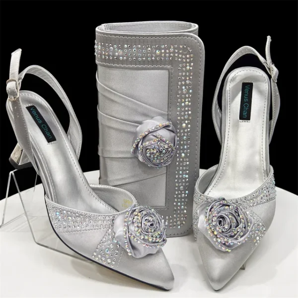 2025 Nigerian Fashion Ladies Evening Shoes And Bags Paired With Handmade Petal Clutches Pointed Toe Mid-Heel Women Party Shoes