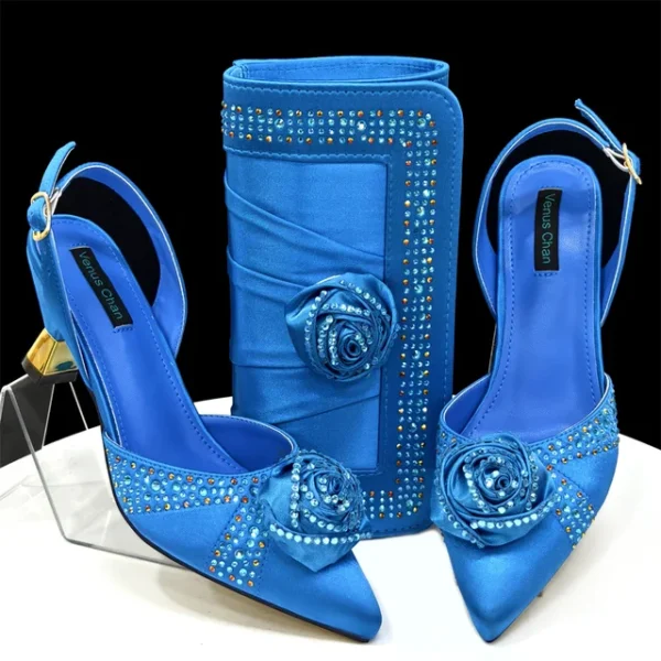 2025 Nigerian Fashion Ladies Evening Shoes And Bags Paired With Handmade Petal Clutches Pointed Toe Mid-Heel Women Party Shoes