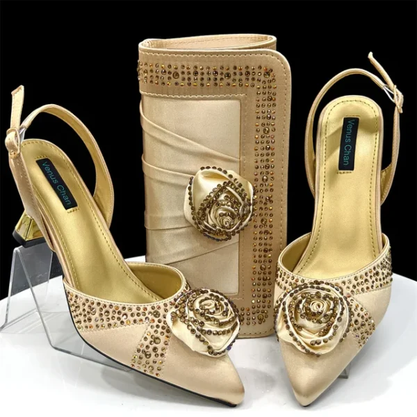 2025 Nigerian Fashion Ladies Evening Shoes And Bags Paired With Handmade Petal Clutches Pointed Toe Mid-Heel Women Party Shoes