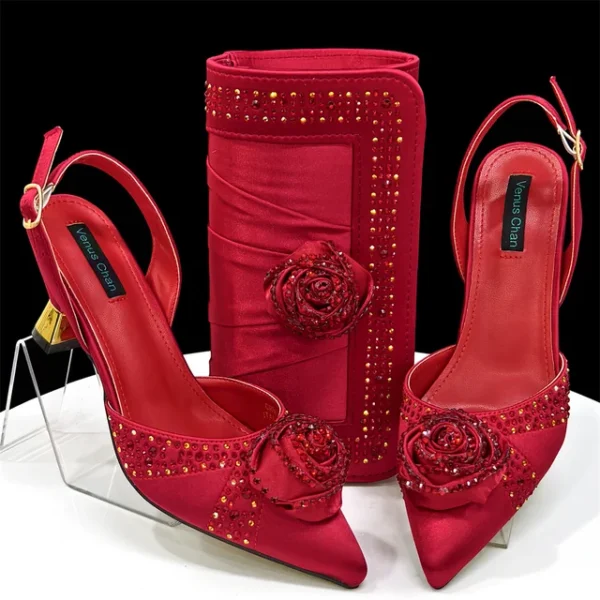 2025 Nigerian Fashion Ladies Evening Shoes And Bags Paired With Handmade Petal Clutches Pointed Toe Mid-Heel Women Party Shoes