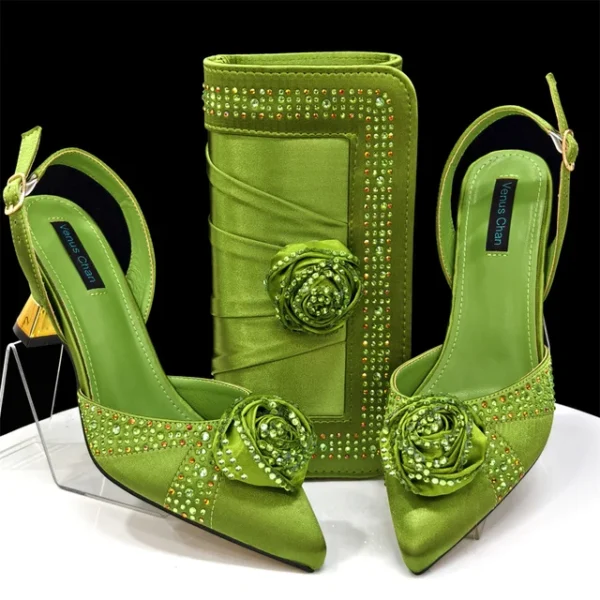 2025 Nigerian Fashion Ladies Evening Shoes And Bags Paired With Handmade Petal Clutches Pointed Toe Mid-Heel Women Party Shoes