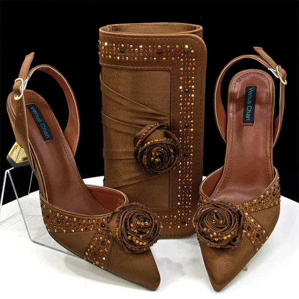 2025 Nigerian Fashion Ladies Evening Shoes And Bags Paired With Handmade Petal Clutches Pointed Toe Mid-Heel Women Party Shoes