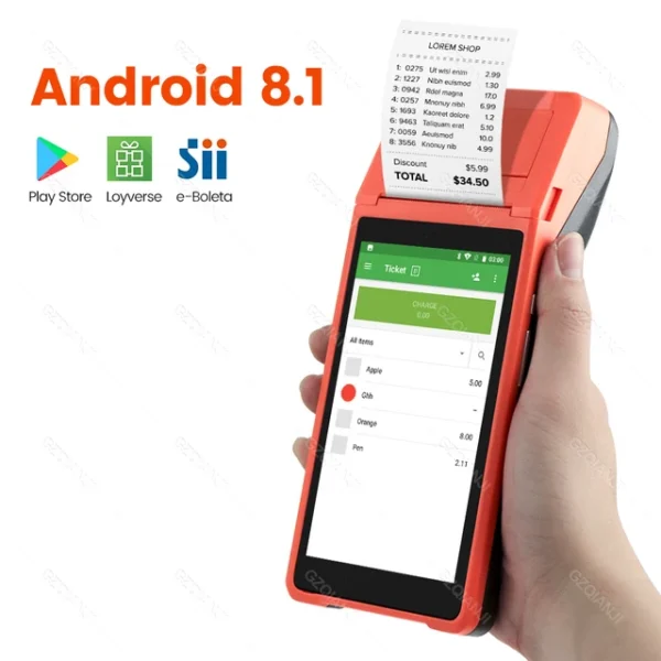 Handheld POS PDA Terminal Bulit-in 58mm Receipt Bill Printer 3G Network Bluetooth Android 8.1 PDA 5.5inch Touch Screen Wifi