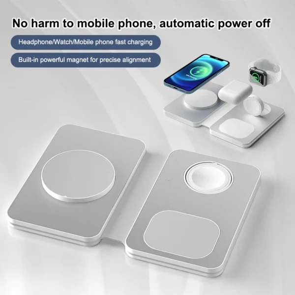 Magnetic three-in-one foldable 15w fast charging mobile phone battery charger suitable for mobile phones, watches, headphones,
