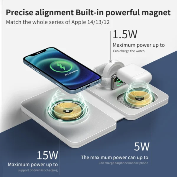 Magnetic three-in-one foldable 15w fast charging mobile phone battery charger suitable for mobile phones, watches, headphones,