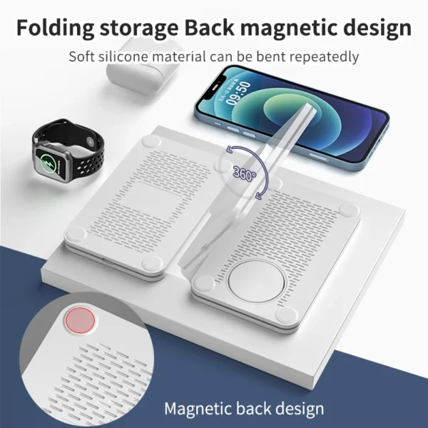 Magnetic three-in-one foldable 15w fast charging mobile phone battery charger suitable for mobile phones, watches, headphones,