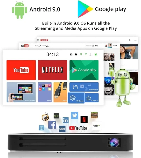 Mini Projector with WiFi and Bluetooth, 1080P DLP Portable Movie Projector Home and Outdoor, Built-in Battery & Android System