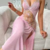 Pink Flower Printed Women Open Back Split Nightdress Homewear Lace Sexy V-Neck Perspective Summer Thin Breathable Slip Sleepwear