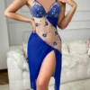 Pink Flower Printed Women Open Back Split Nightdress Homewear Lace Sexy V-Neck Perspective Summer Thin Breathable Slip Sleepwear