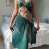 Pink Flower Printed Women Open Back Split Nightdress Homewear Lace Sexy V-Neck Perspective Summer Thin Breathable Slip Sleepwear