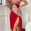 Pink Flower Printed Women Open Back Split Nightdress Homewear Lace Sexy V-Neck Perspective Summer Thin Breathable Slip Sleepwear
