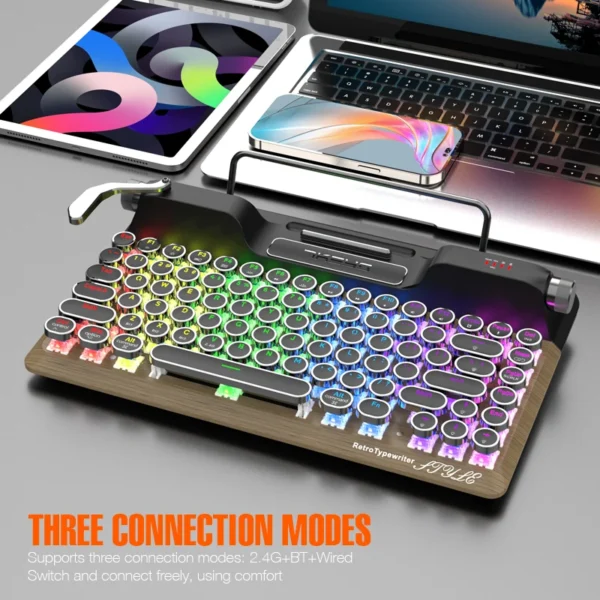 Retro Typewriter Keyboard, Typewriter Vintage with Upgraded Mechanical Bluetooth 5.0,Multi Devices Connection Classical Wooden,Punk Round Keys for Desktop PC/Laptop Mac IPAD (Wood+Palm Rest)