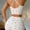 Sleepwear Women Pajamas Set Heart Print Soft Ribbed Fabric with Flirty Frill Trim Casual Cami Top and Shorts Sets Loungewear