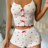 Sleepwear Women Pajamas Set Heart Print Soft Ribbed Fabric with Flirty Frill Trim Casual Cami Top and Shorts Sets Loungewear