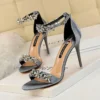 Soft Silk Open Toe Women Sandals 2025 Summer Luxury Crystal Ankle Buckle High Heels Shoes Bride Party Lady Green Red Black Pumps