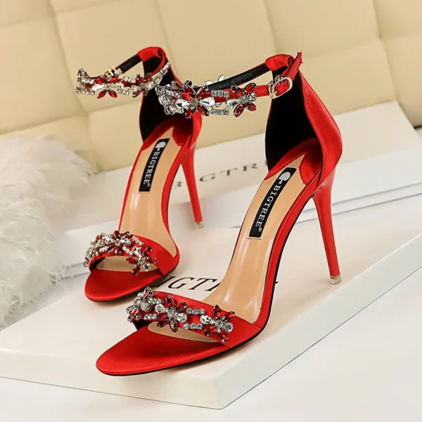 Soft Silk Open Toe Women Sandals 2025 Summer Luxury Crystal Ankle Buckle High Heels Shoes Bride Party Lady Green Red Black Pumps