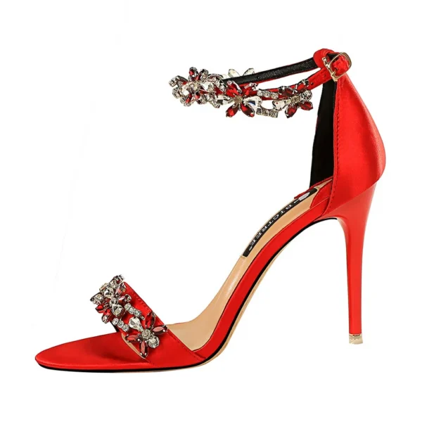 Soft Silk Open Toe Women Sandals 2025 Summer Luxury Crystal Ankle Buckle High Heels Shoes Bride Party Lady Green Red Black Pumps