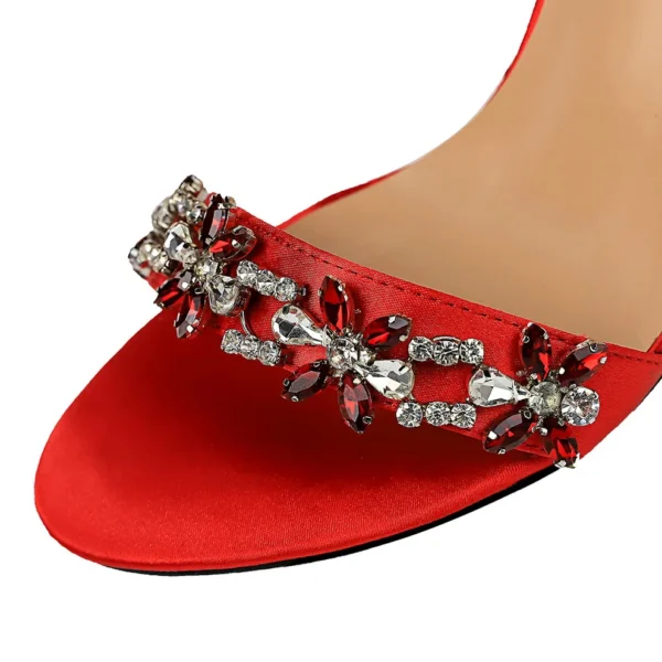 Soft Silk Open Toe Women Sandals 2025 Summer Luxury Crystal Ankle Buckle High Heels Shoes Bride Party Lady Green Red Black Pumps