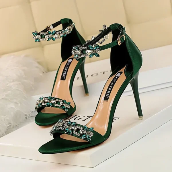 Soft Silk Open Toe Women Sandals 2025 Summer Luxury Crystal Ankle Buckle High Heels Shoes Bride Party Lady Green Red Black Pumps