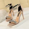 Soft Silk Open Toe Women Sandals 2025 Summer Luxury Crystal Ankle Buckle High Heels Shoes Bride Party Lady Green Red Black Pumps