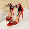 Soft Silk Open Toe Women Sandals 2025 Summer Luxury Crystal Ankle Buckle High Heels Shoes Bride Party Lady Green Red Black Pumps