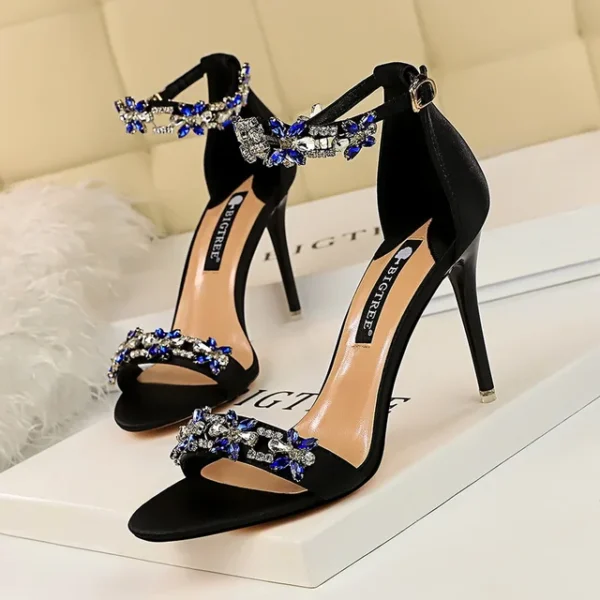 Soft Silk Open Toe Women Sandals 2025 Summer Luxury Crystal Ankle Buckle High Heels Shoes Bride Party Lady Green Red Black Pumps