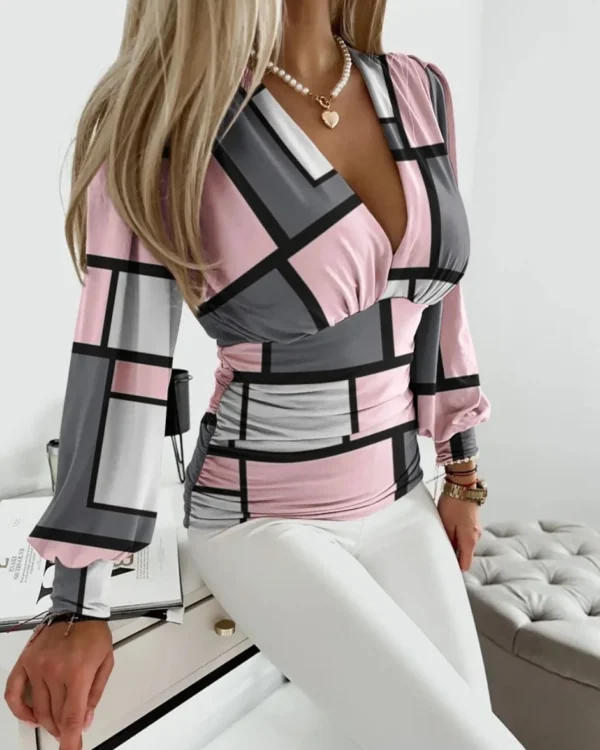 526960492 Women Elegant Plaid Geometry Chiffon Blouses New Spring Casual Long Sleeve V Neck Party Shirts Office Lady Fashion Tops 2025