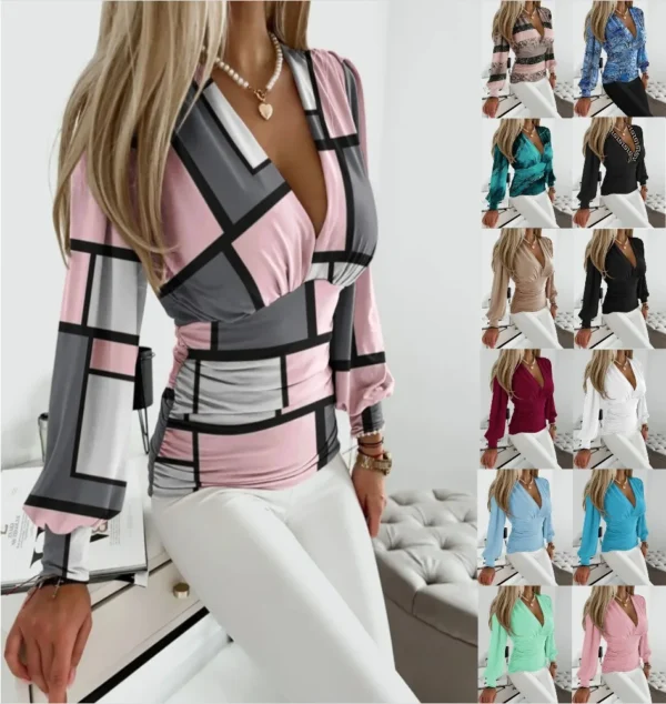 526960491 Women Elegant Plaid Geometry Chiffon Blouses New Spring Casual Long Sleeve V Neck Party Shirts Office Lady Fashion Tops 2025