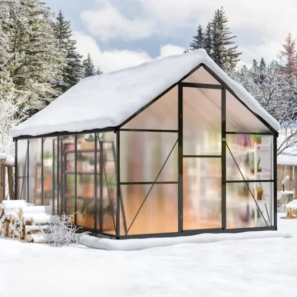 8x12 FT Greenhouse for Outdoors, Quick Setup Polycarbonate Greenhouse with Roof Vent, Aluminum Large Walk-in Greenhouse