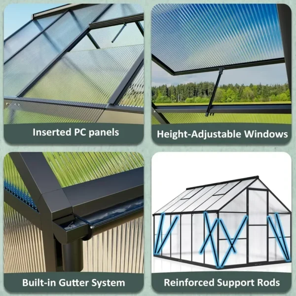 8x12 FT Greenhouse for Outdoors, Quick Setup Polycarbonate Greenhouse with Roof Vent, Aluminum Large Walk-in Greenhouse