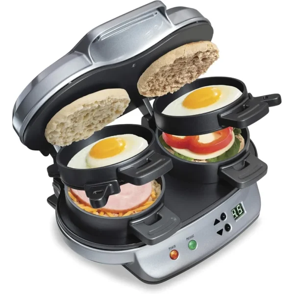 Dual Breakfast Sandwich Maker with Timer, Silver