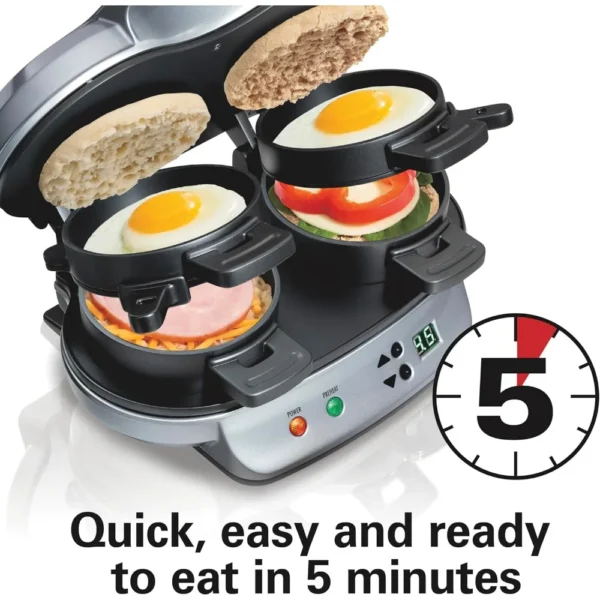 Dual Breakfast Sandwich Maker with Timer, Silver