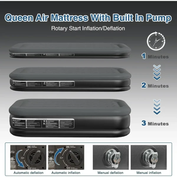 Queen Air Mattress with Built in Pump 18 Inch High Queen Air Mattress 1-3 Minutes Fast Self Inflating Air Mattress Black & Gray